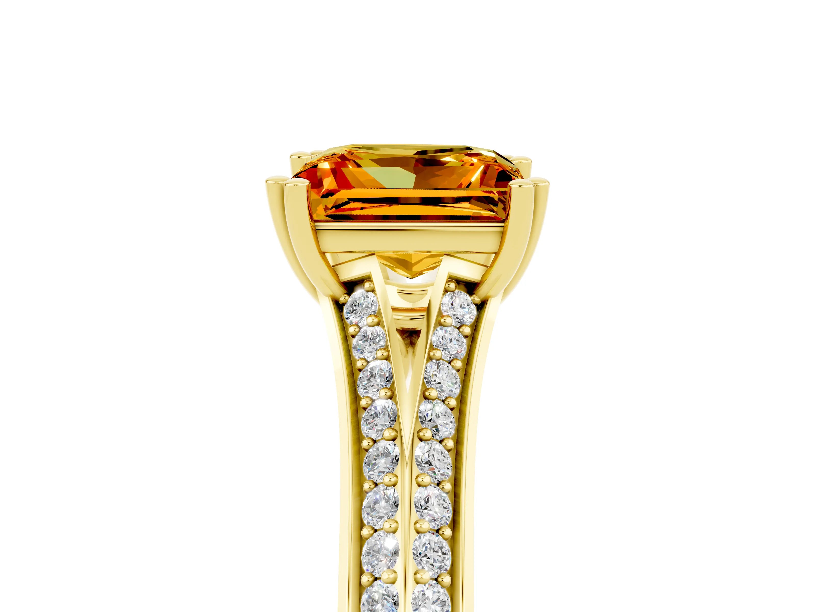 Yellow gold Princess Cut Citrine Split Shank Engagement Ring with Pavé Band_5