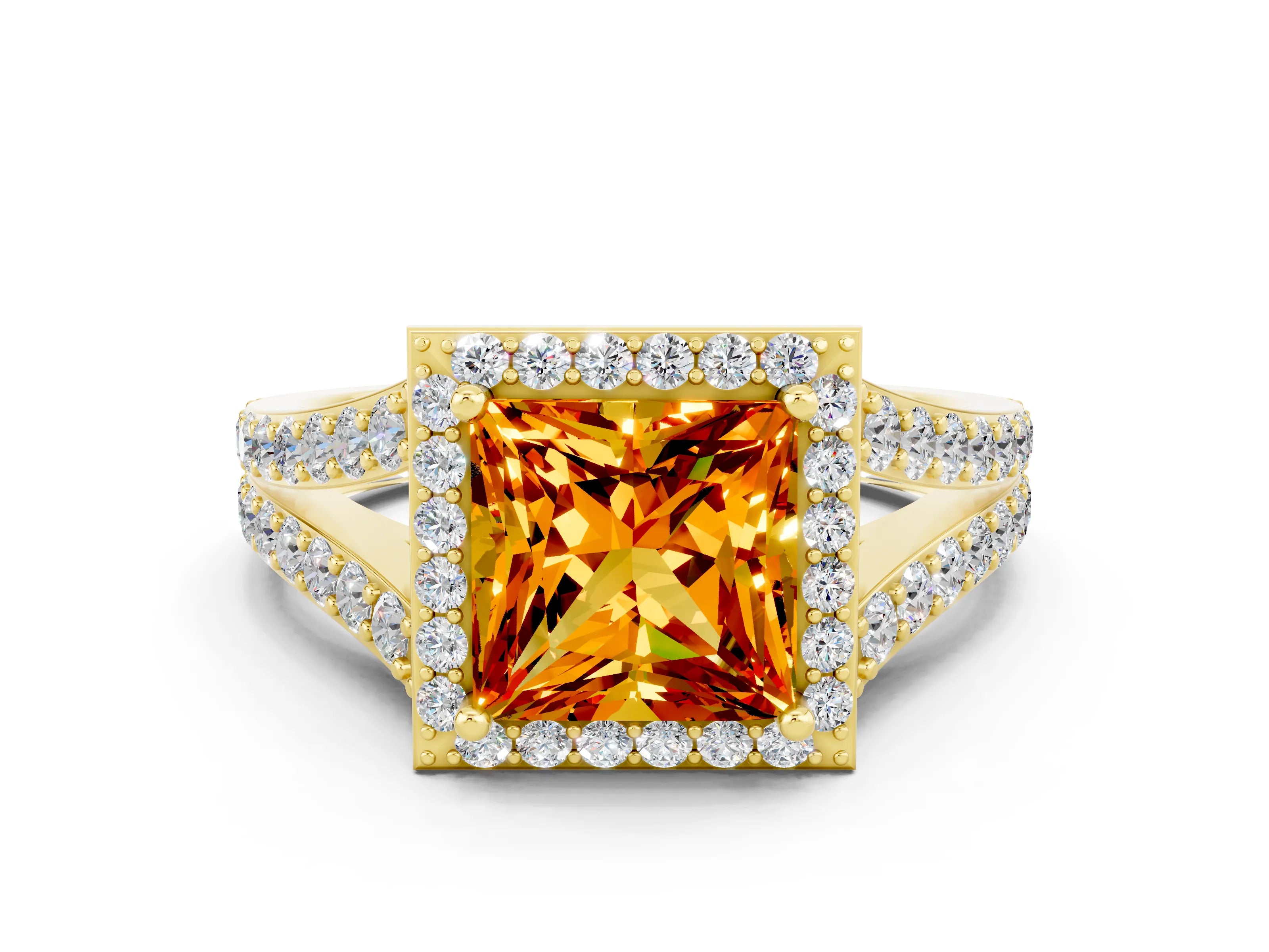 Yellow gold Princess Cut Citrine Split Shank Halo Ring with Four-Prong Setting_12