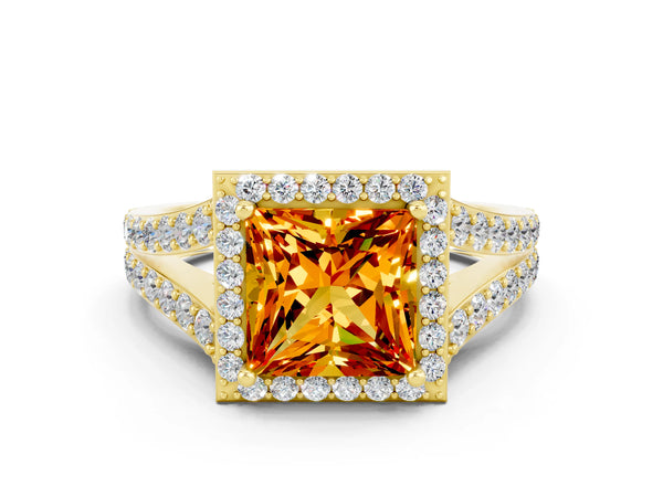 Yellow gold Princess Cut Citrine Split Shank Halo Ring with Four-Prong Setting