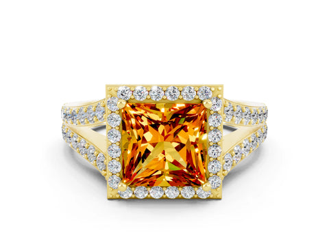 Yellow gold Princess Cut Citrine Split Shank Halo Ring with Four-Prong Setting_12