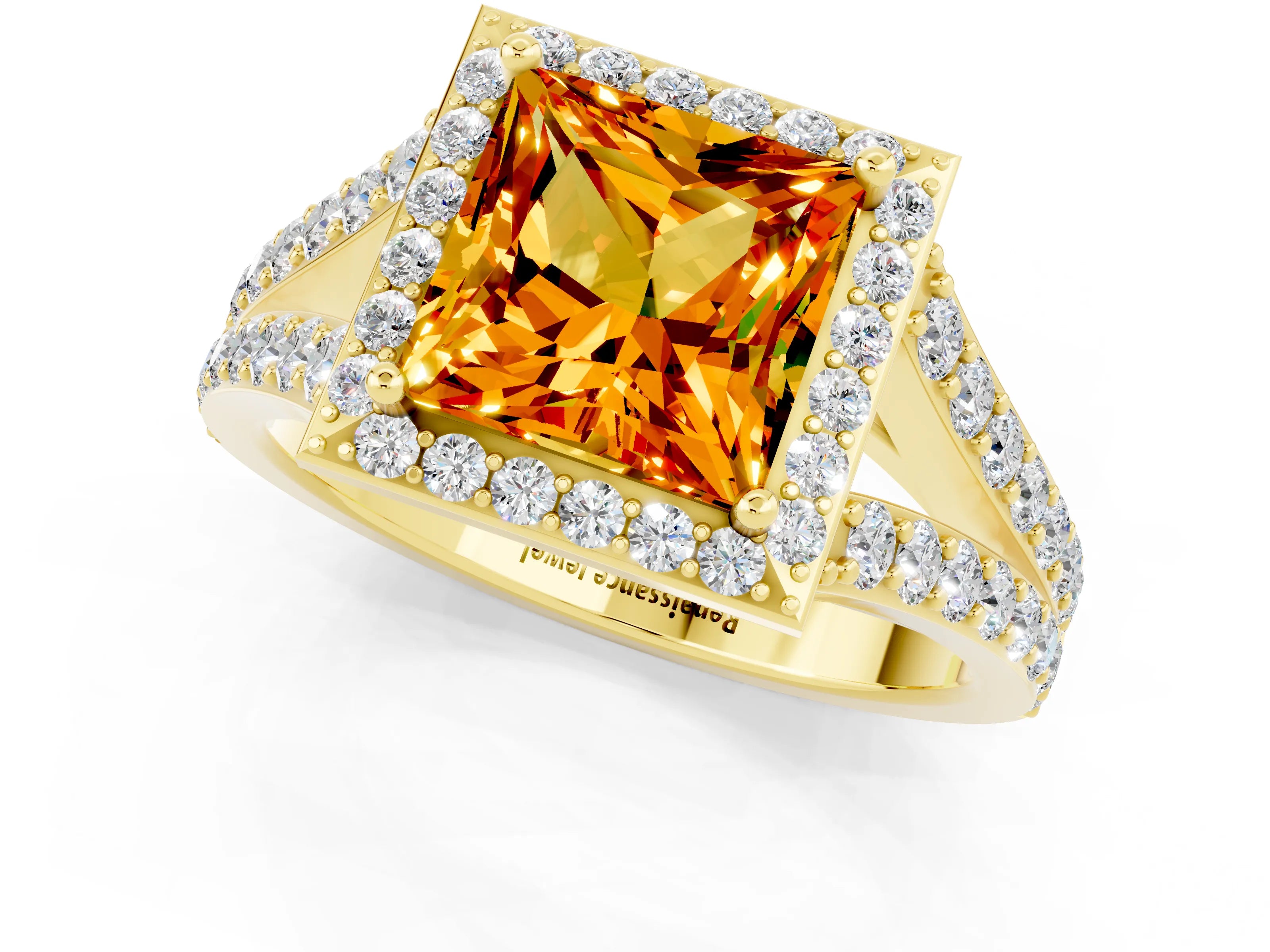 Yellow gold Princess Cut Citrine Split Shank Halo Ring with Four-Prong Setting_13