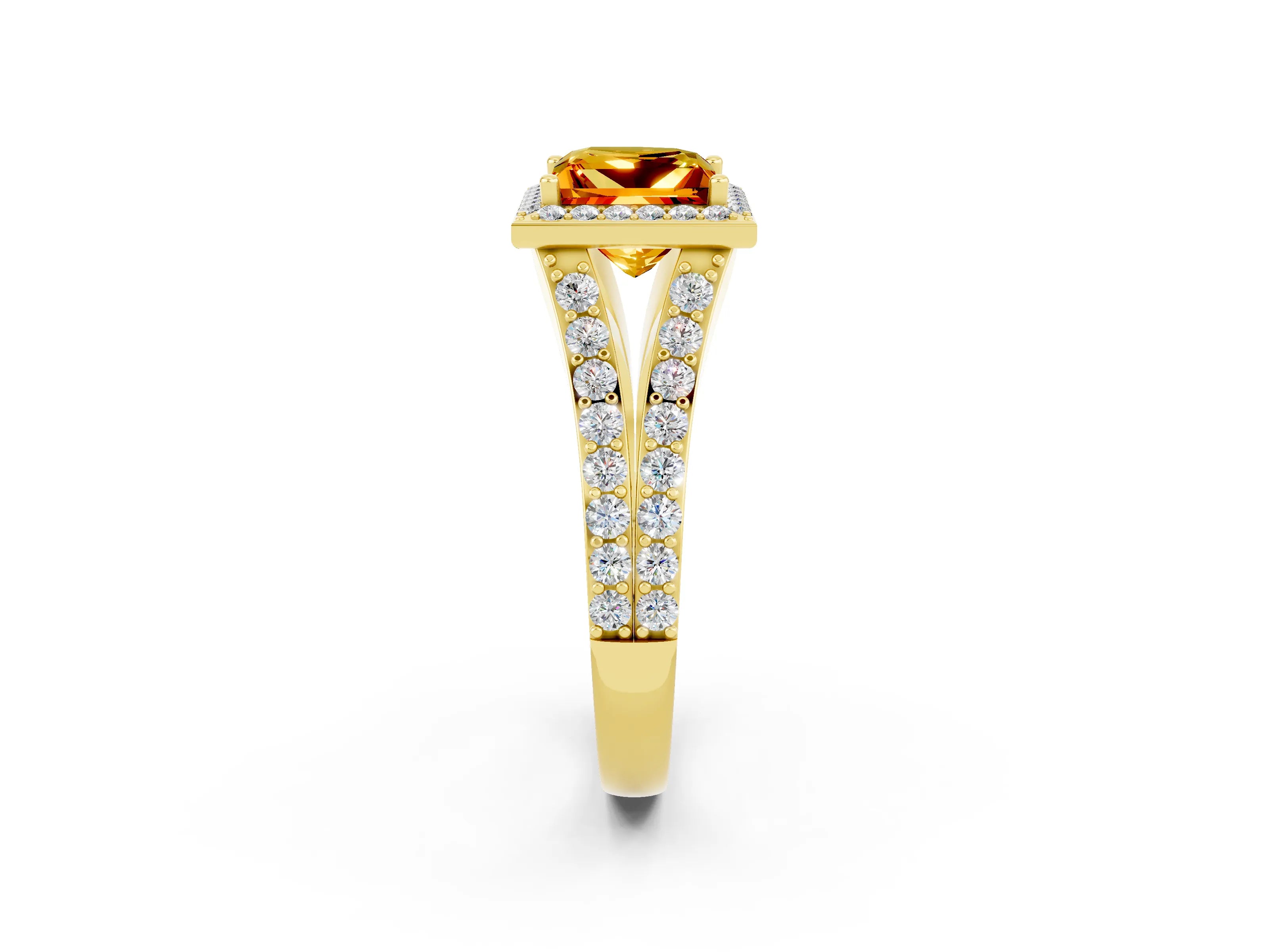 Yellow gold Princess Cut Citrine Split Shank Halo Ring with Four-Prong Setting_14
