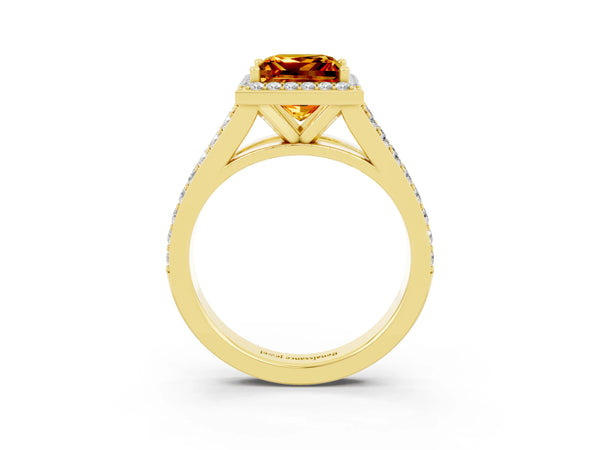 Yellow gold Princess Cut Citrine Split Shank Halo Ring with Four-Prong Setting