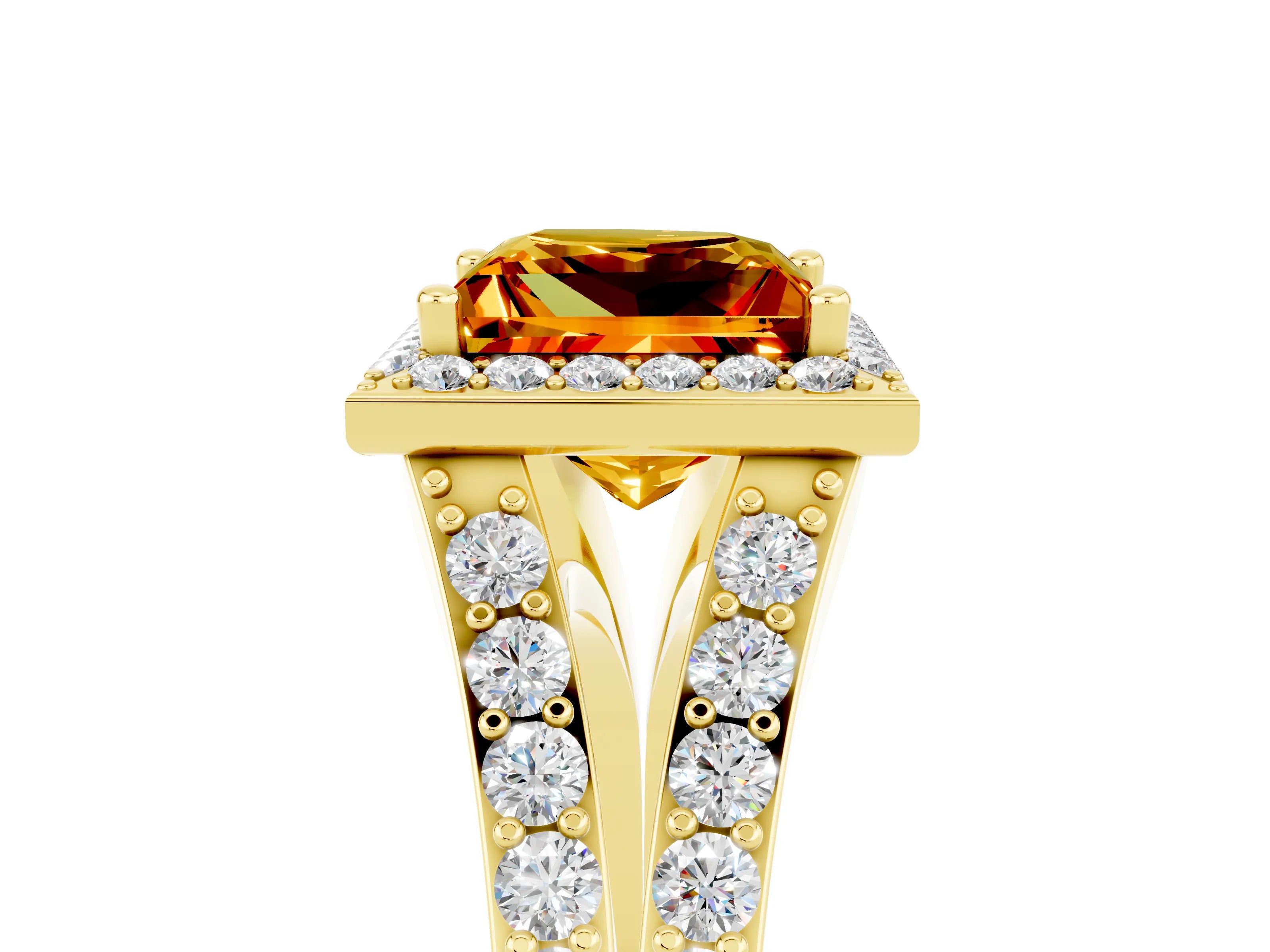 Yellow gold Princess Cut Citrine Split Shank Halo Ring with Four-Prong Setting_17