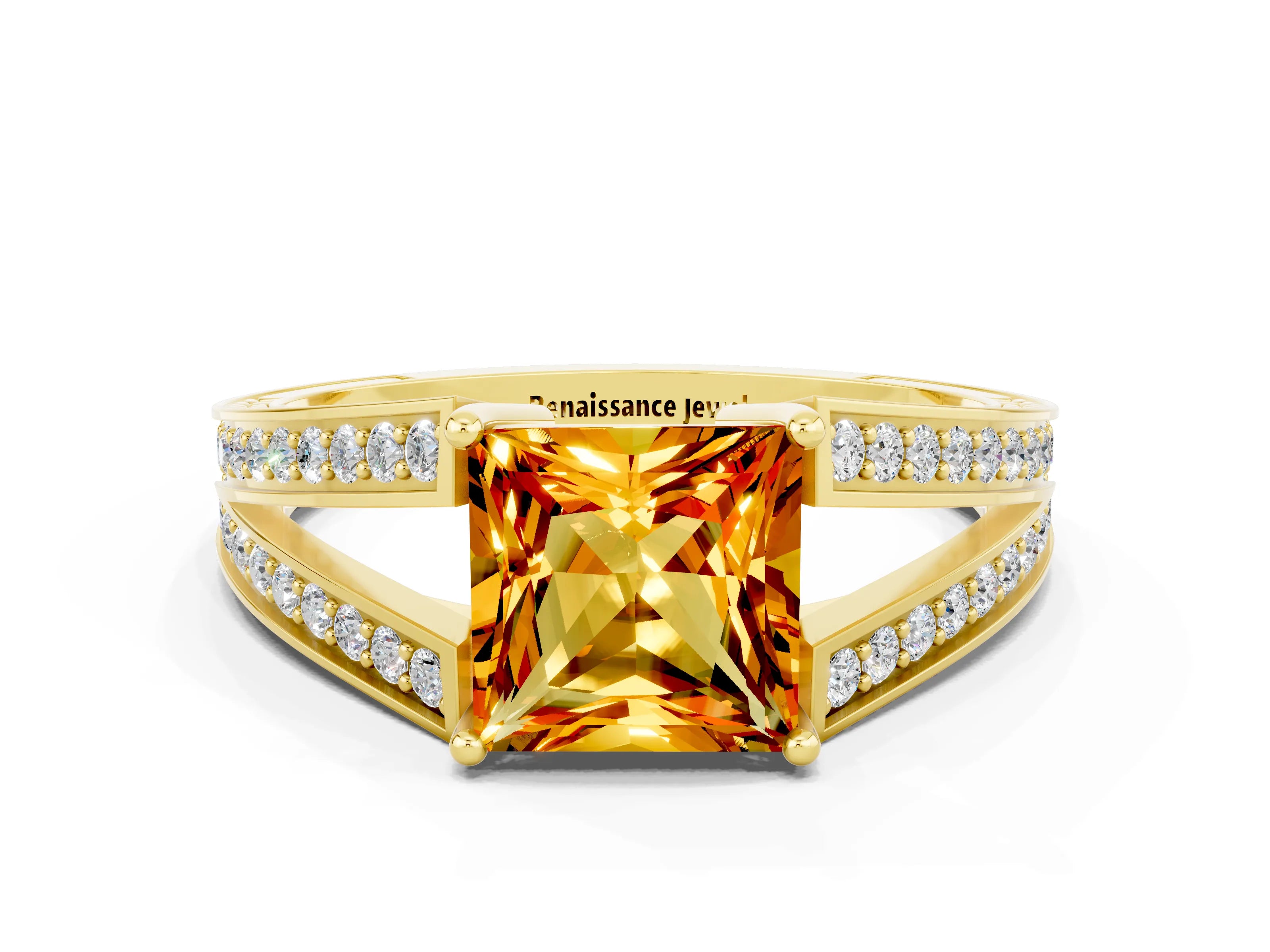 Yellow gold Princess Cut Citrine Split Shank Ring with Pavé Band and Four-Prong Setting