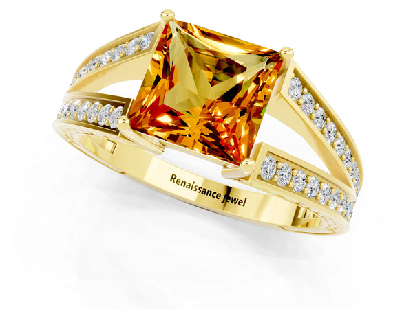 Yellow gold Princess Cut Citrine Split Shank Ring with Pavé Band and Four-Prong Setting