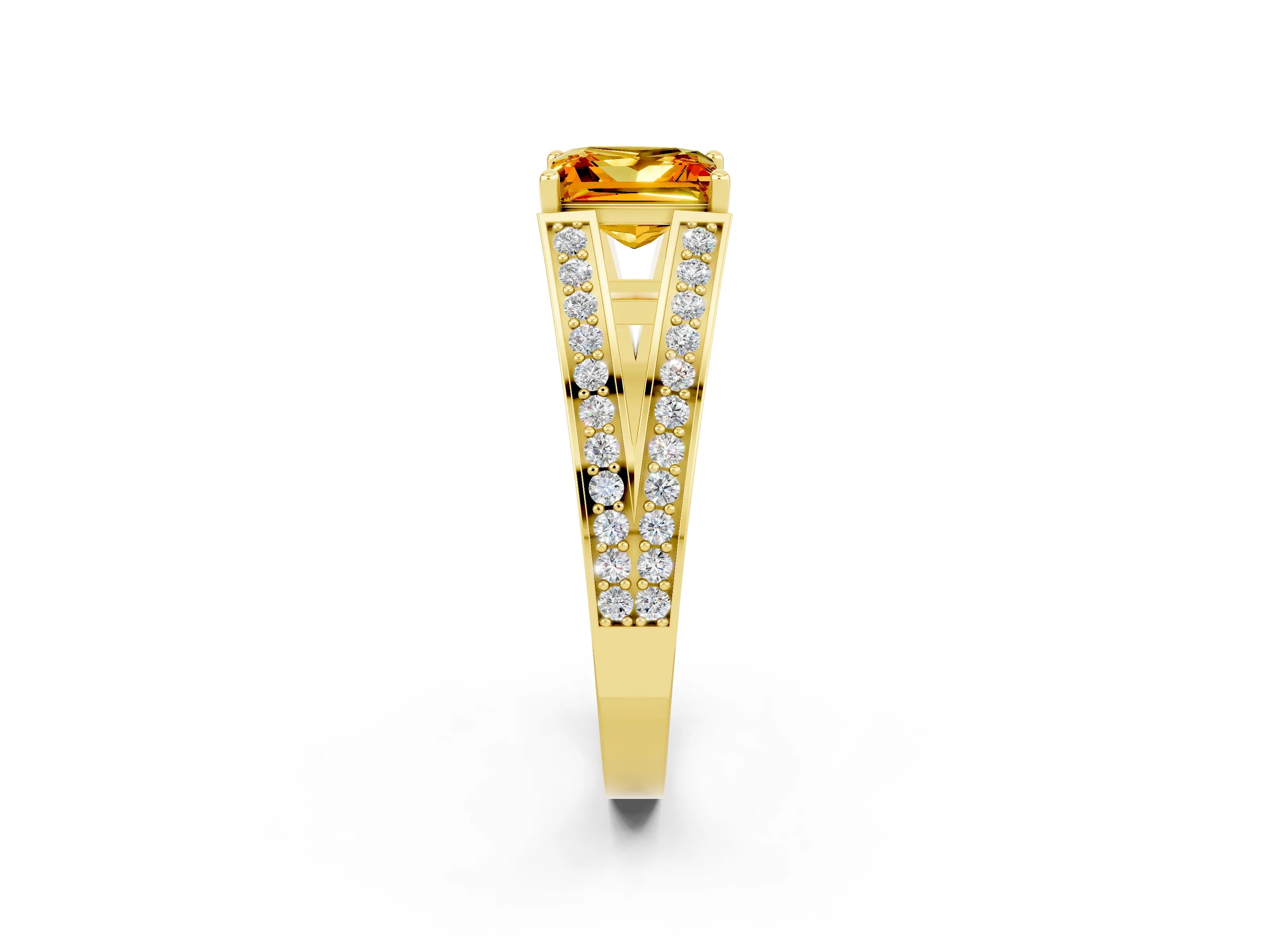 Yellow gold Princess Cut Citrine Split Shank Ring with Pavé Band and Four-Prong Setting_2