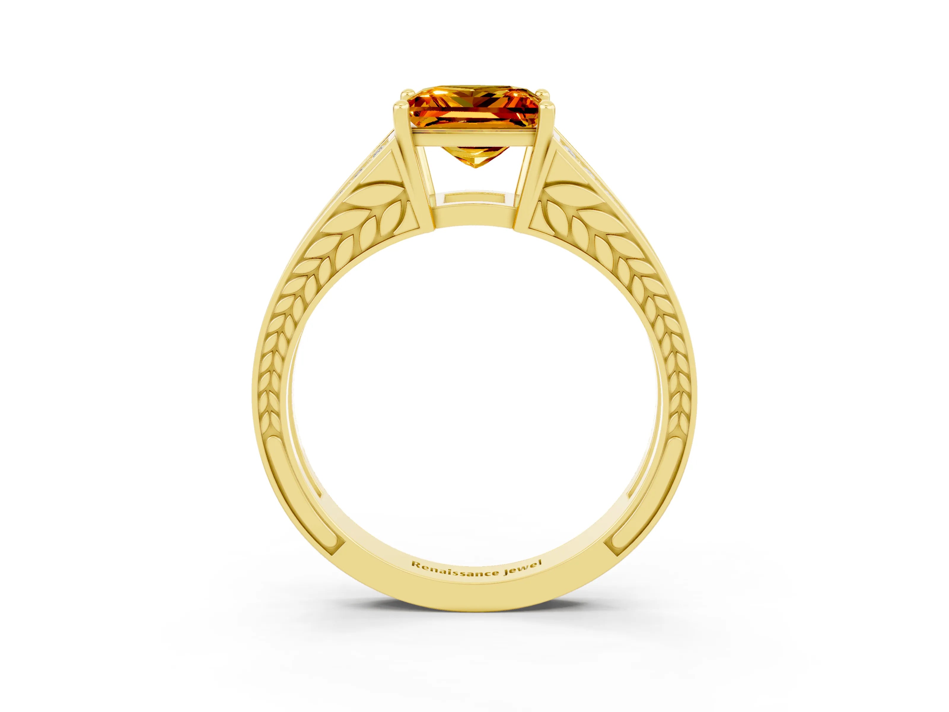 Yellow gold Princess Cut Citrine Split Shank Ring with Pavé Band and Four-Prong Setting_3