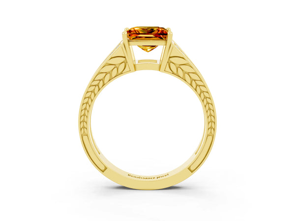 Yellow gold Princess Cut Citrine Split Shank Ring with Pavé Band and Four-Prong Setting