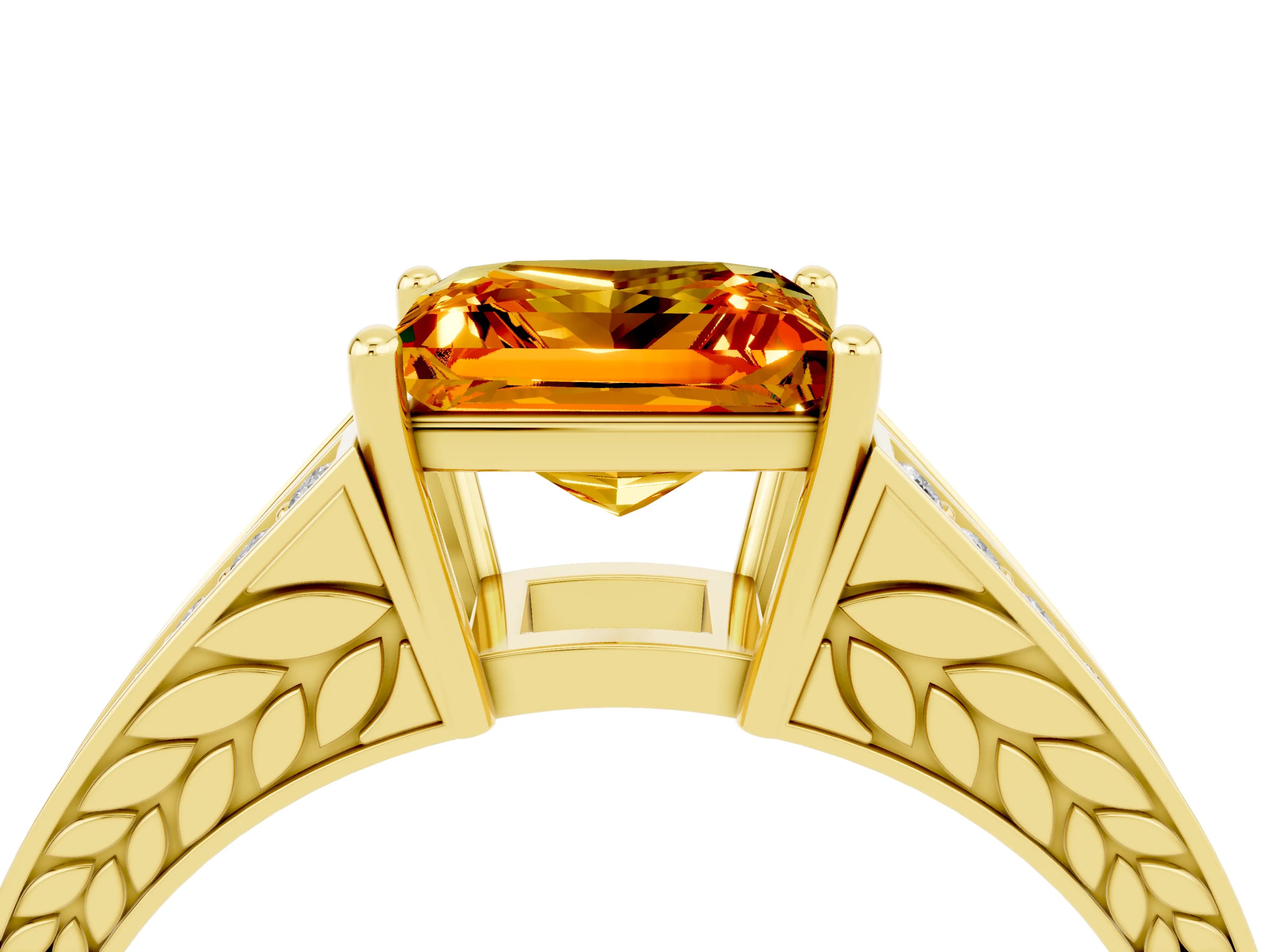 Yellow gold Princess Cut Citrine Split Shank Ring with Pavé Band and Four-Prong Setting_4