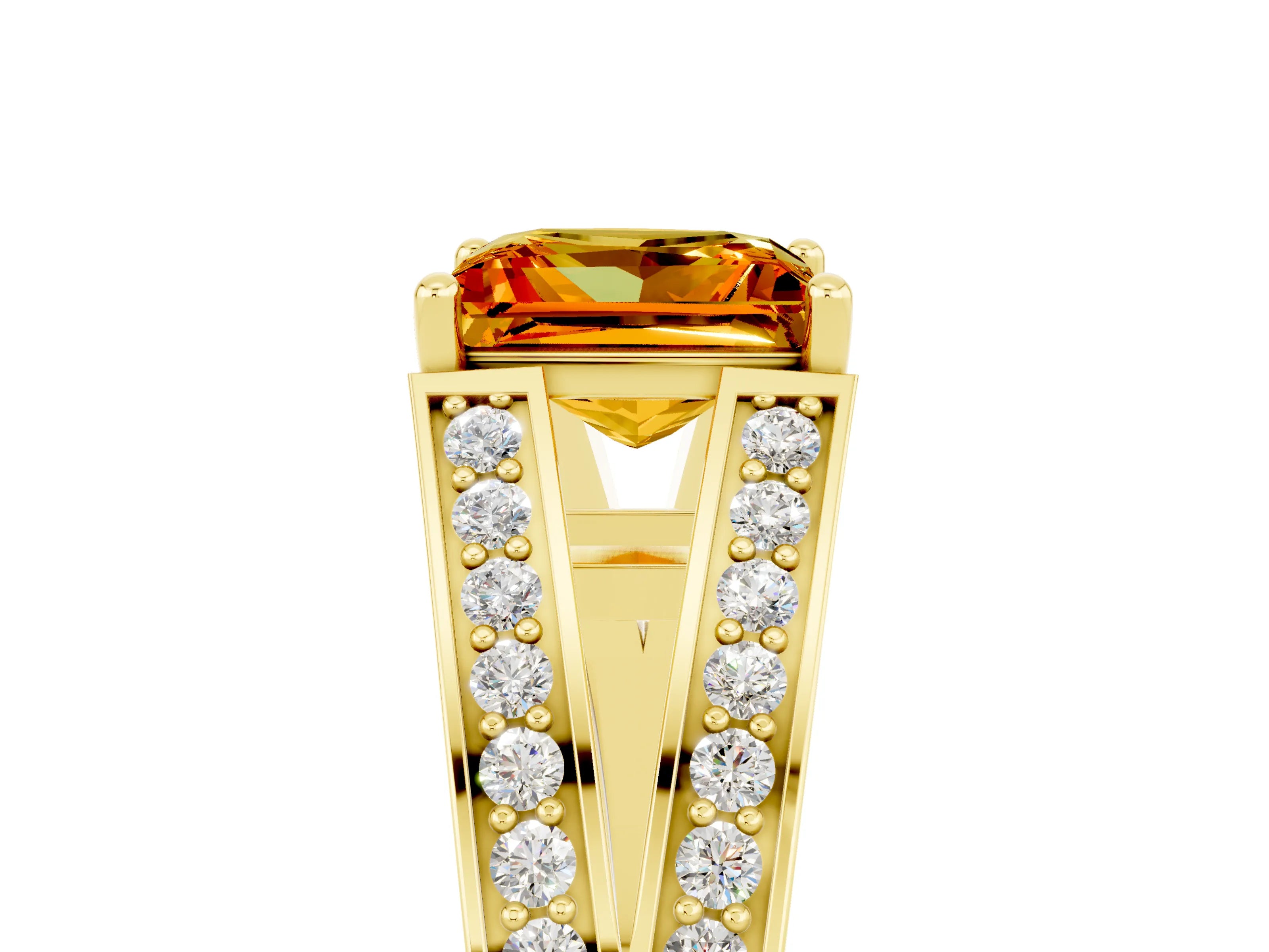 Yellow gold Princess Cut Citrine Split Shank Ring with Pavé Band and Four-Prong Setting_5