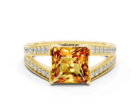 Yellow gold Princess Cut Citrine Split Shank Ring with Pavé Band and Four-Prong Setting