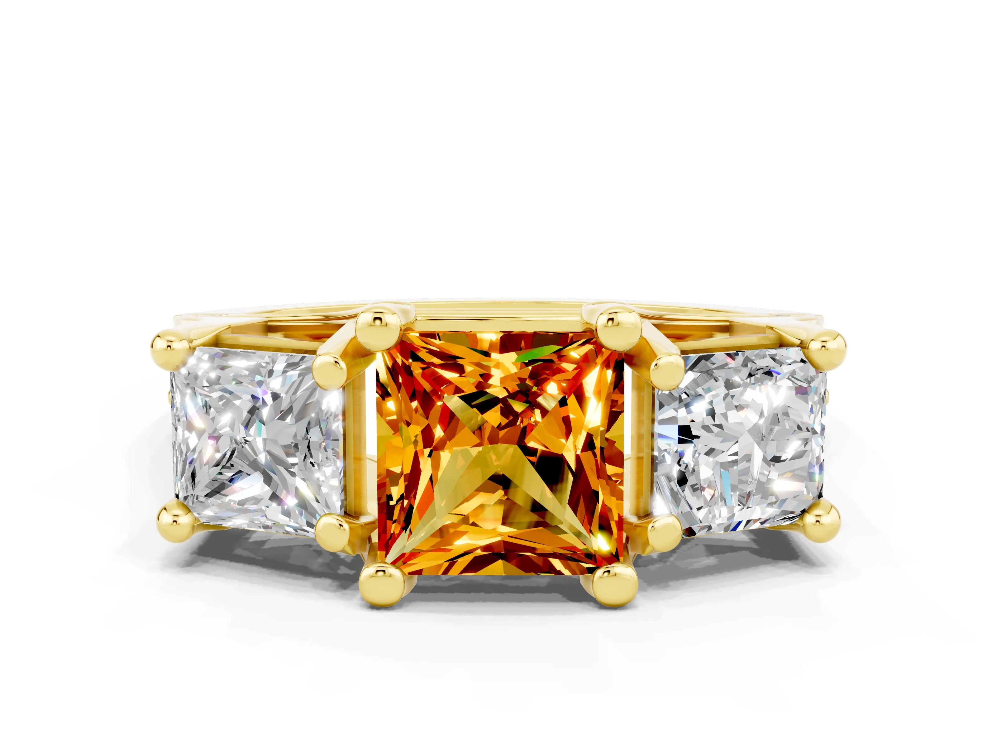 Yellow gold Princess Cut Citrine Three-Stone Ring with Channel Set Band and Four-Prong Setting