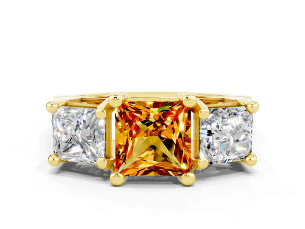 Yellow gold Princess Cut Citrine Three-Stone Ring with Channel Set Band and Four-Prong Setting