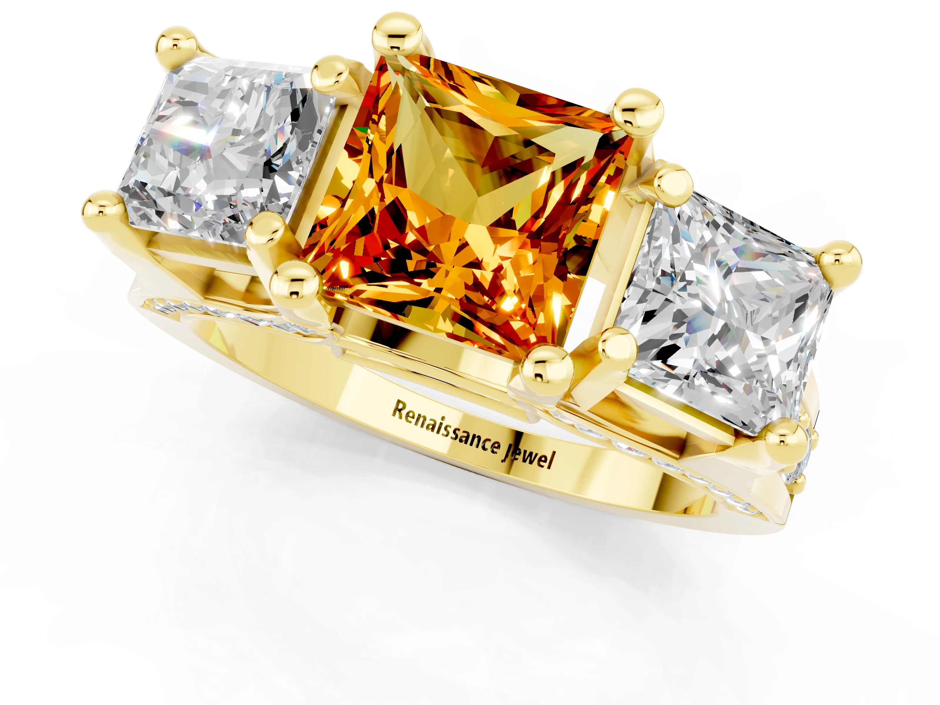 Yellow gold Princess Cut Citrine Three-Stone Ring with Channel Set Band and Four-Prong Setting_1