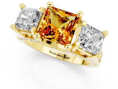 Yellow gold Princess Cut Citrine Three-Stone Ring with Channel Set Band and Four-Prong Setting_1