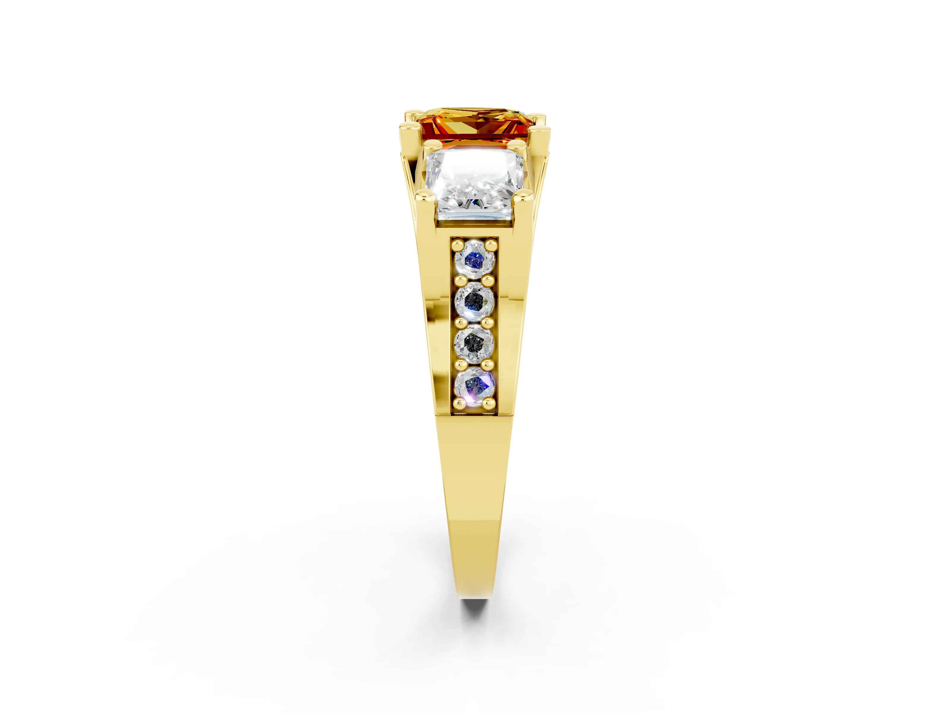 Yellow gold Princess Cut Citrine Three-Stone Ring with Channel Set Band and Four-Prong Setting_2