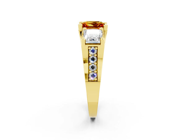 Yellow gold Princess Cut Citrine Three-Stone Ring with Channel Set Band and Four-Prong Setting