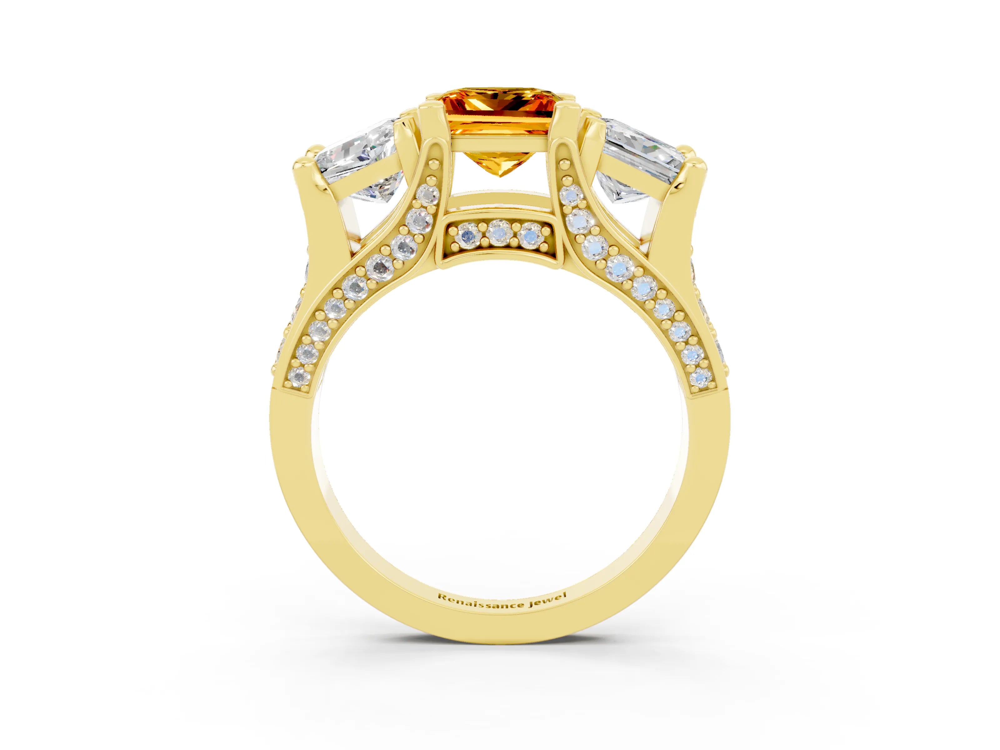 Yellow gold Princess Cut Citrine Three-Stone Ring with Channel Set Band and Four-Prong Setting_3