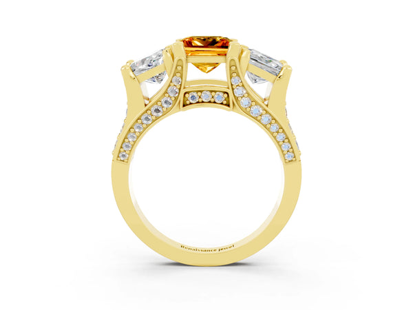 Yellow gold Princess Cut Citrine Three-Stone Ring with Channel Set Band and Four-Prong Setting