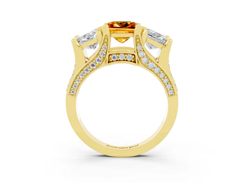 Yellow gold Princess Cut Citrine Three-Stone Ring with Channel Set Band and Four-Prong Setting_3