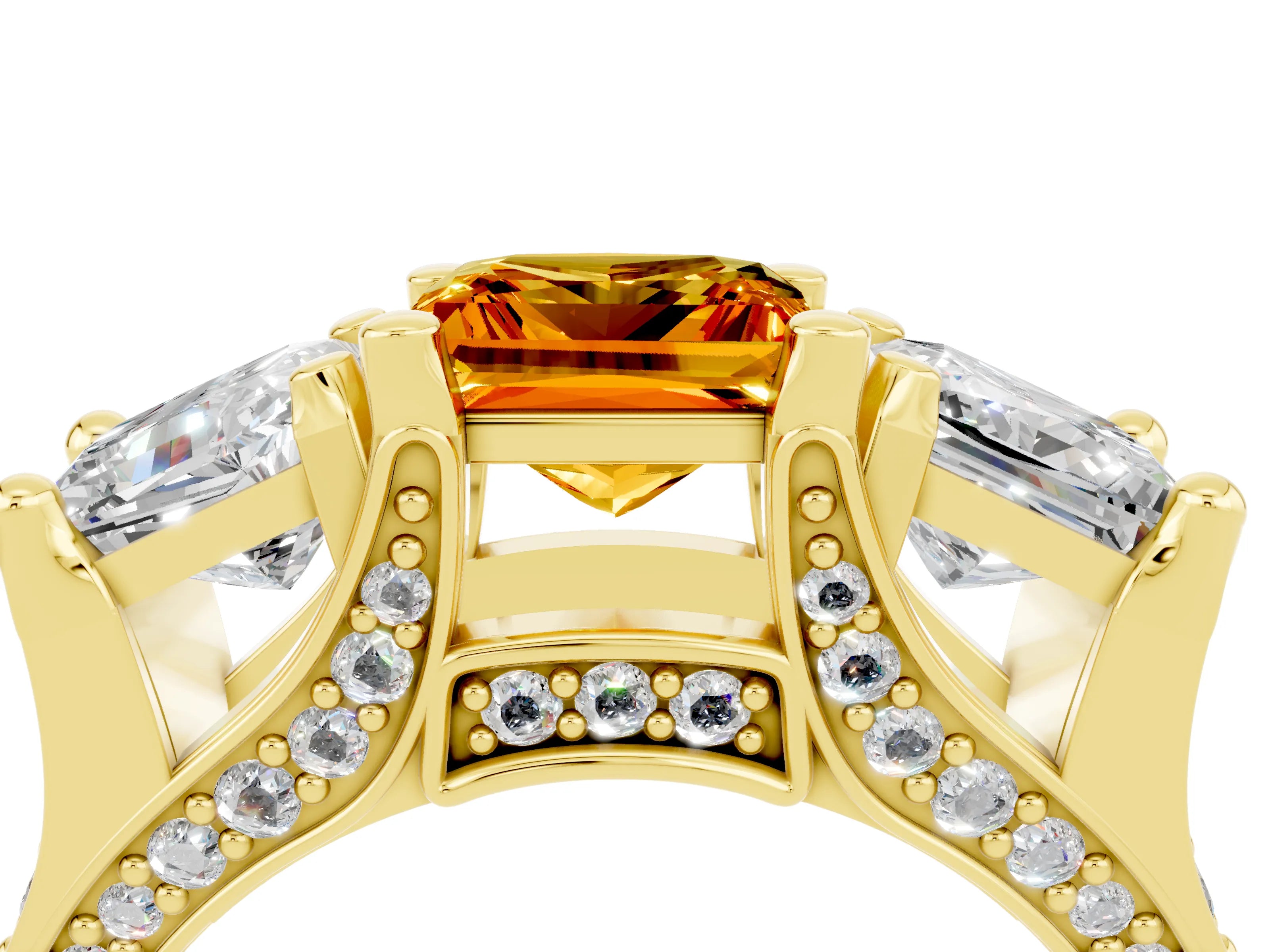 Yellow gold Princess Cut Citrine Three-Stone Ring with Channel Set Band and Four-Prong Setting_4