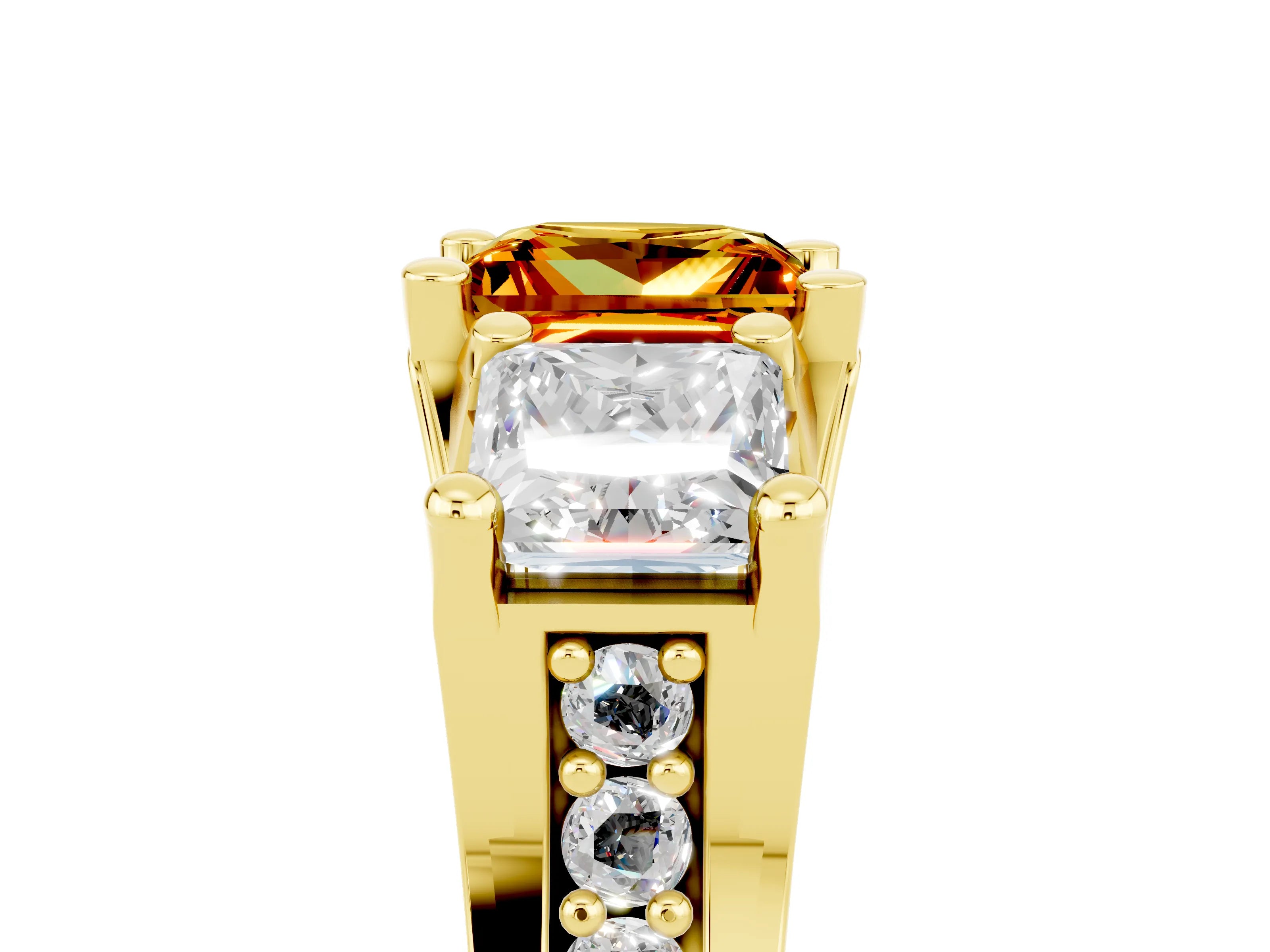 Yellow gold Princess Cut Citrine Three-Stone Ring with Channel Set Band and Four-Prong Setting_5