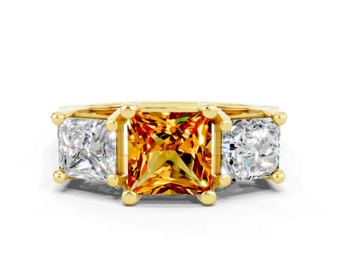 Yellow gold Princess Cut Citrine Three-Stone Ring with Channel Set Band and Four-Prong Setting