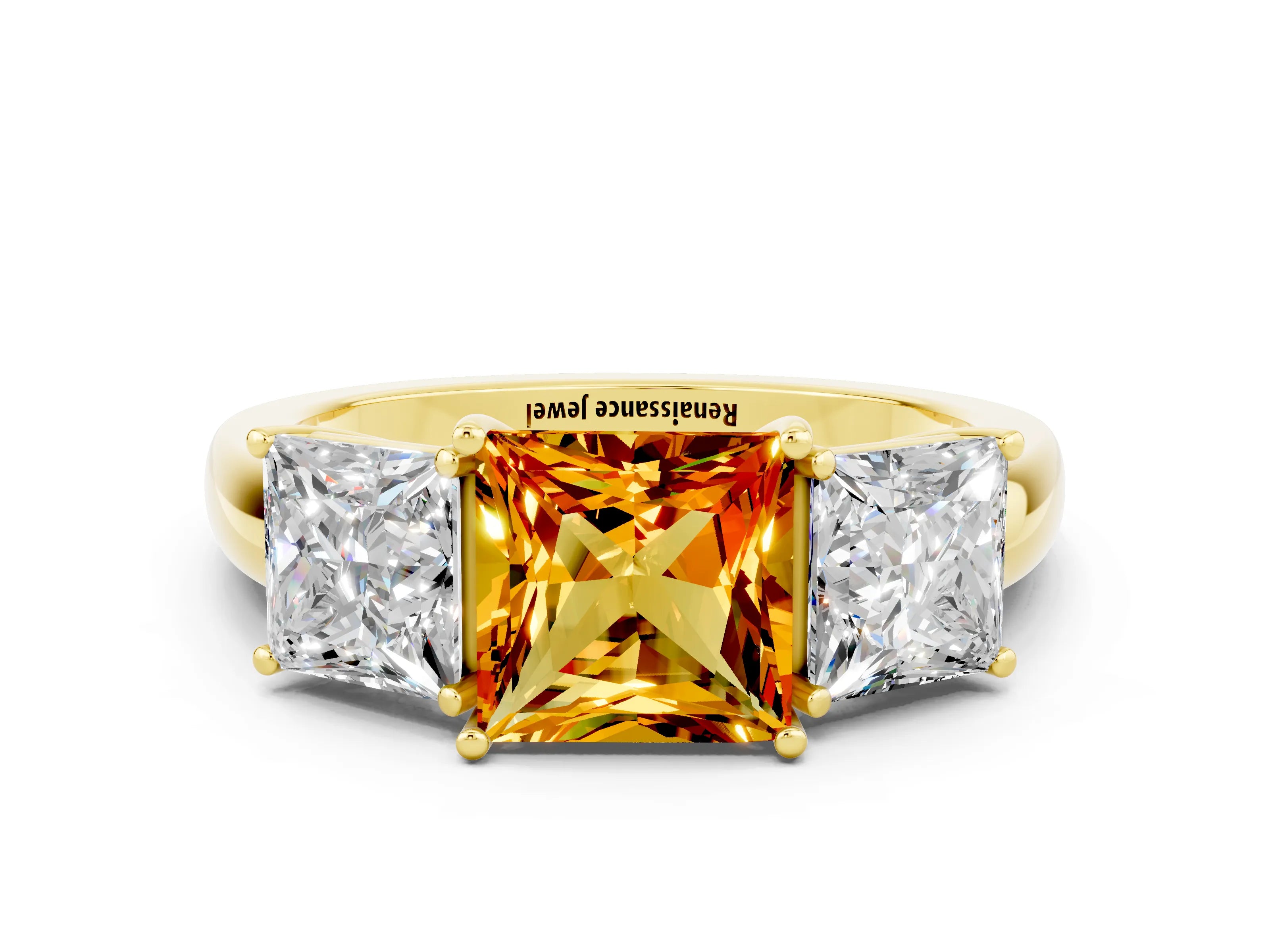 Yellow gold Princess Cut Citrine Three-Stone Ring with Four-Prong Setting and Classic Band