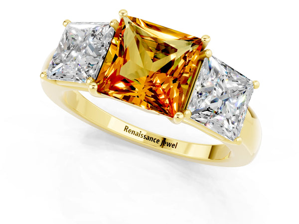 Yellow gold Princess Cut Citrine Three-Stone Ring with Four-Prong Setting and Classic Band