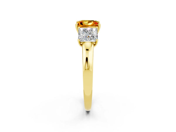 Yellow gold Princess Cut Citrine Three-Stone Ring with Four-Prong Setting and Classic Band