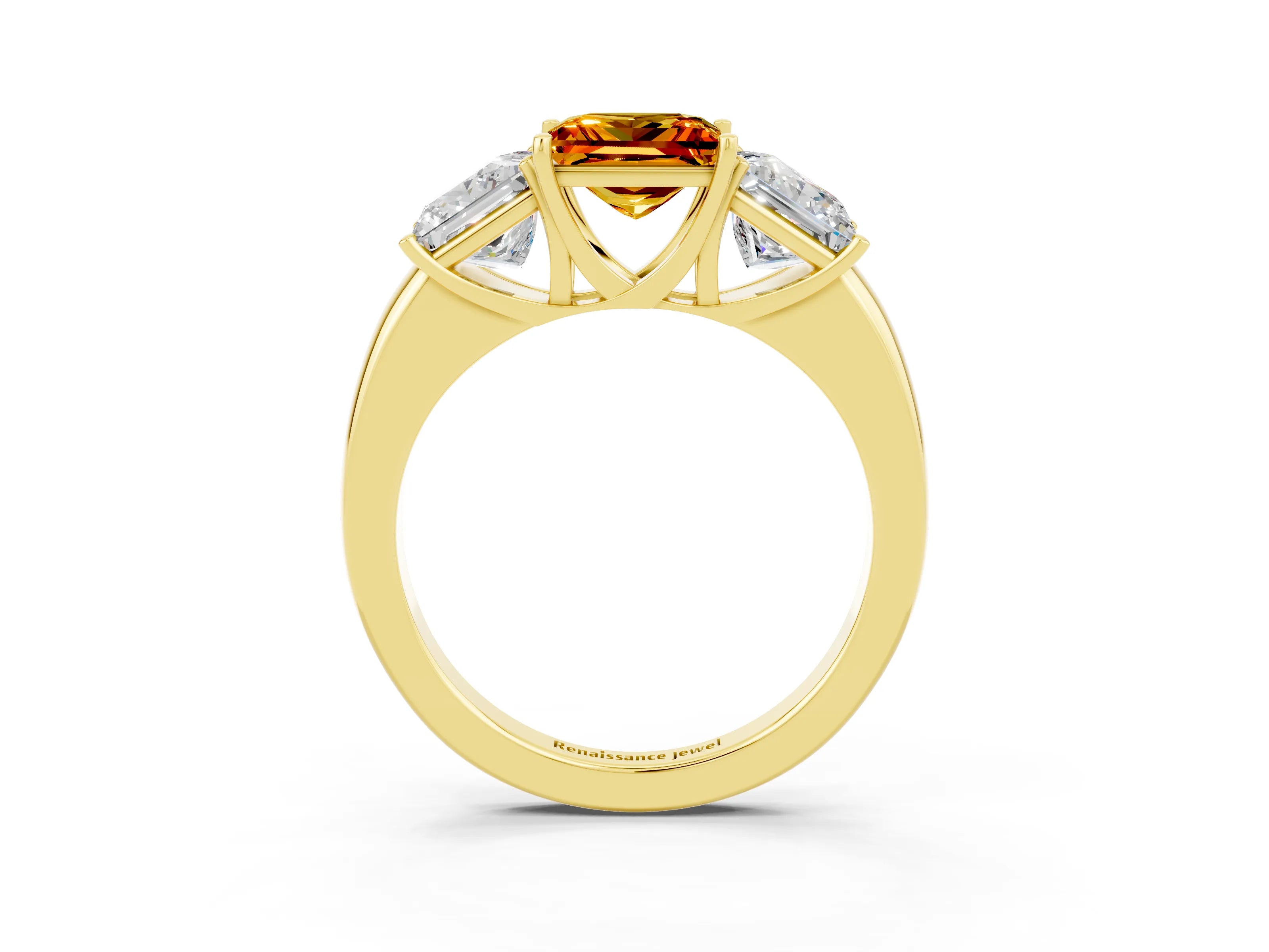 Yellow gold Princess Cut Citrine Three-Stone Ring with Four-Prong Setting and Classic Band_3
