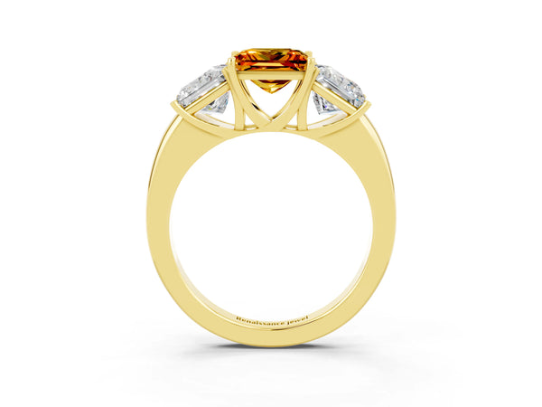 Yellow gold Princess Cut Citrine Three-Stone Ring with Four-Prong Setting and Classic Band