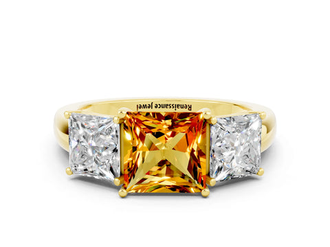 Yellow gold Princess Cut Citrine Three-Stone Ring with Four-Prong Setting and Classic Band