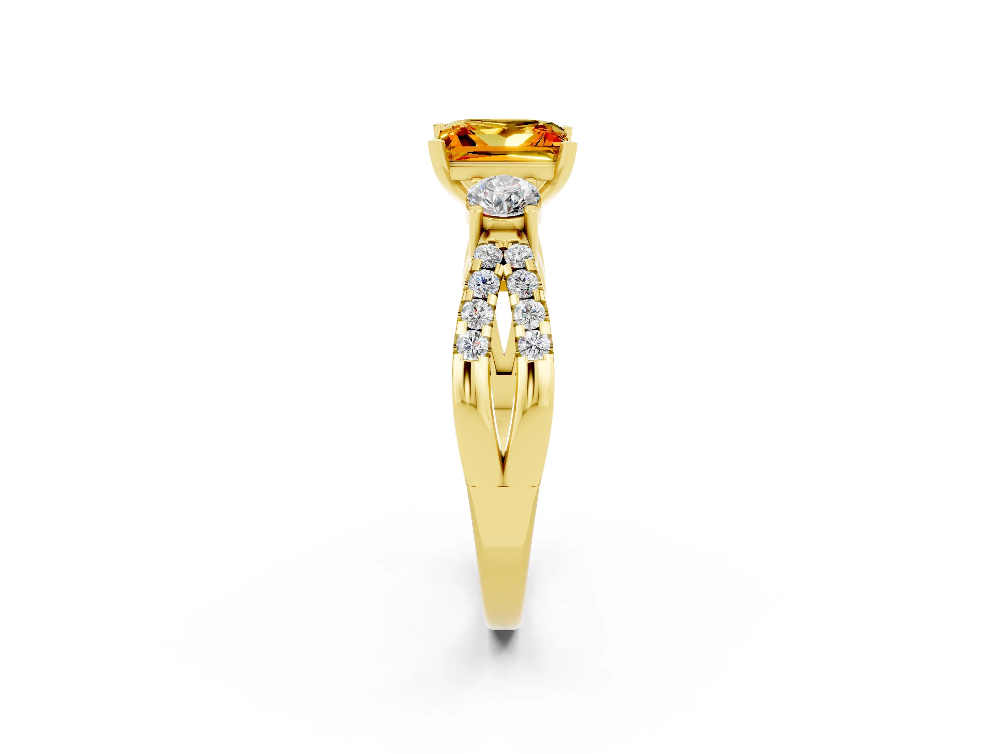 Yellow gold Princess Cut Citrine Three-Stone Ring with Pavé Split Shank and Four-Prong Setting_2