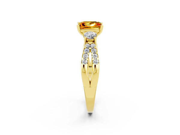 Yellow gold Princess Cut Citrine Three-Stone Ring with Pavé Split Shank and Four-Prong Setting