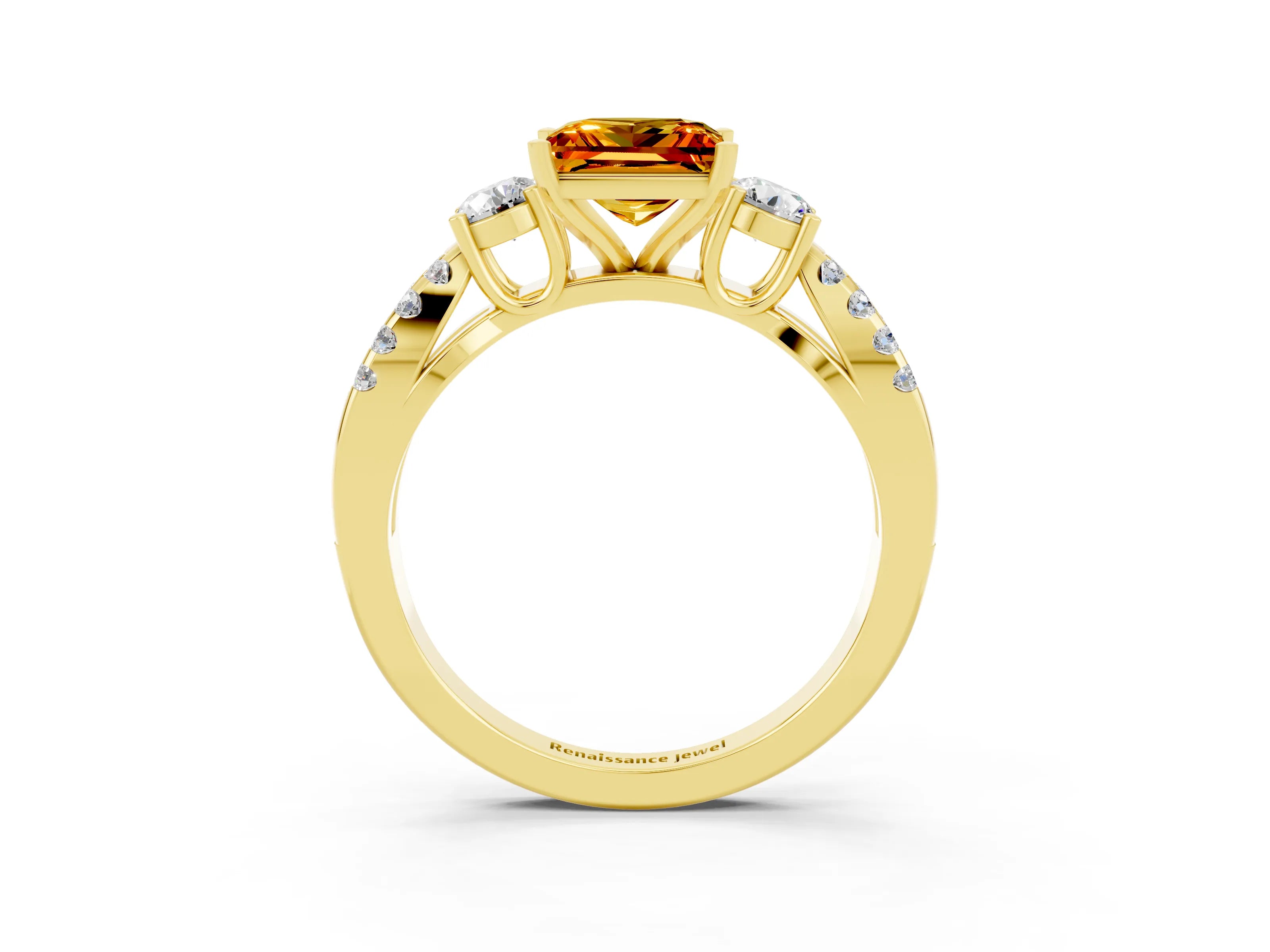 Yellow gold Princess Cut Citrine Three-Stone Ring with Pavé Split Shank and Four-Prong Setting_3