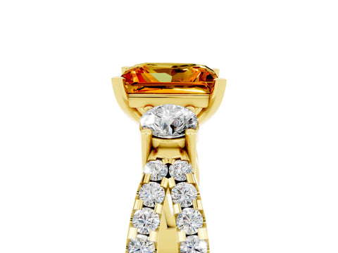 Yellow gold Princess Cut Citrine Three-Stone Ring with Pavé Split Shank and Four-Prong Setting_5