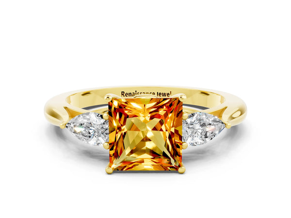 Yellow gold Princess Cut Citrine Three-Stone Ring with Pear  Side Stones and Prong Setting