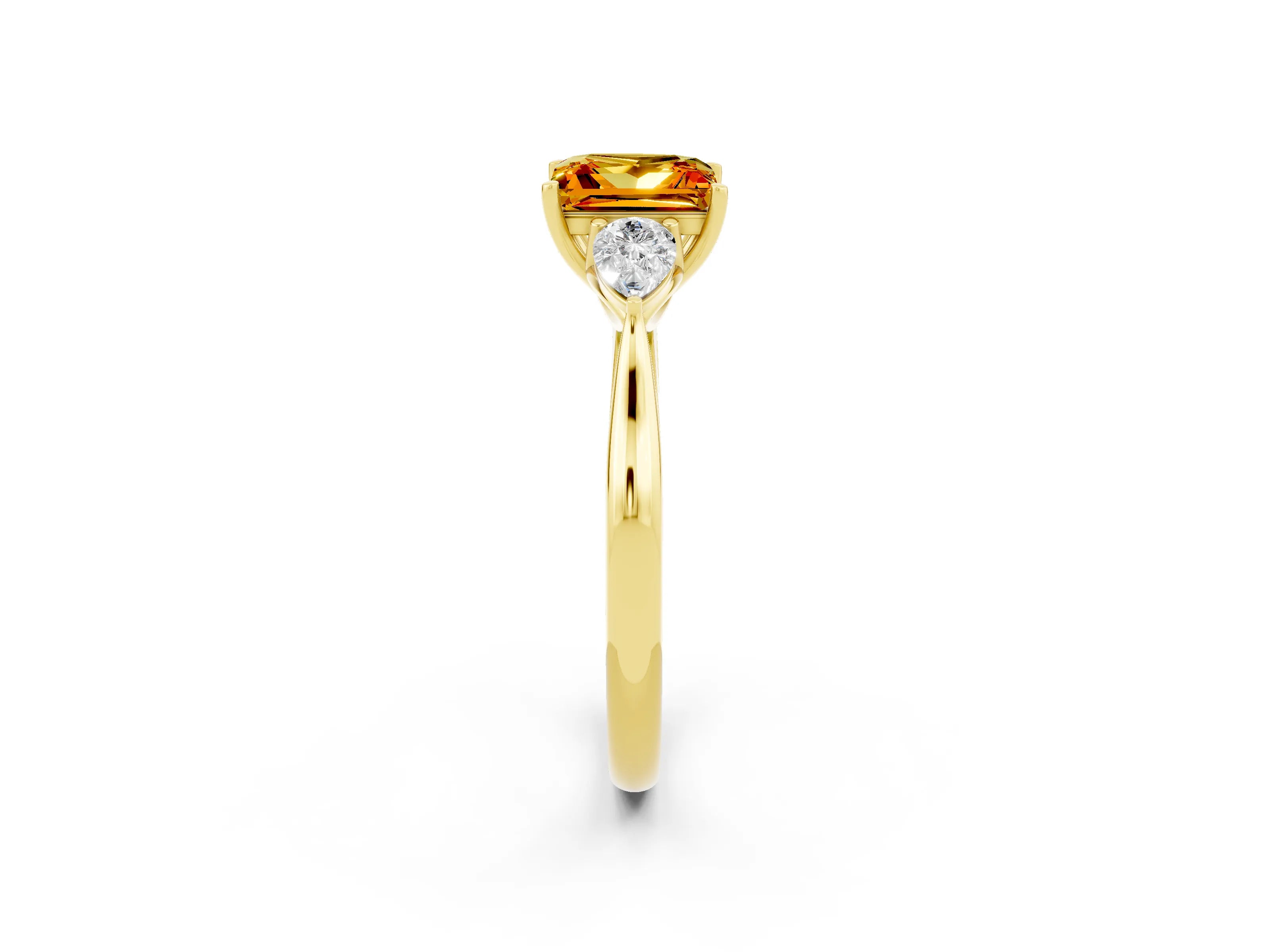 Yellow gold Princess Cut Citrine Three-Stone Ring with Pear Side Stones and Four-Prong Setting_14
