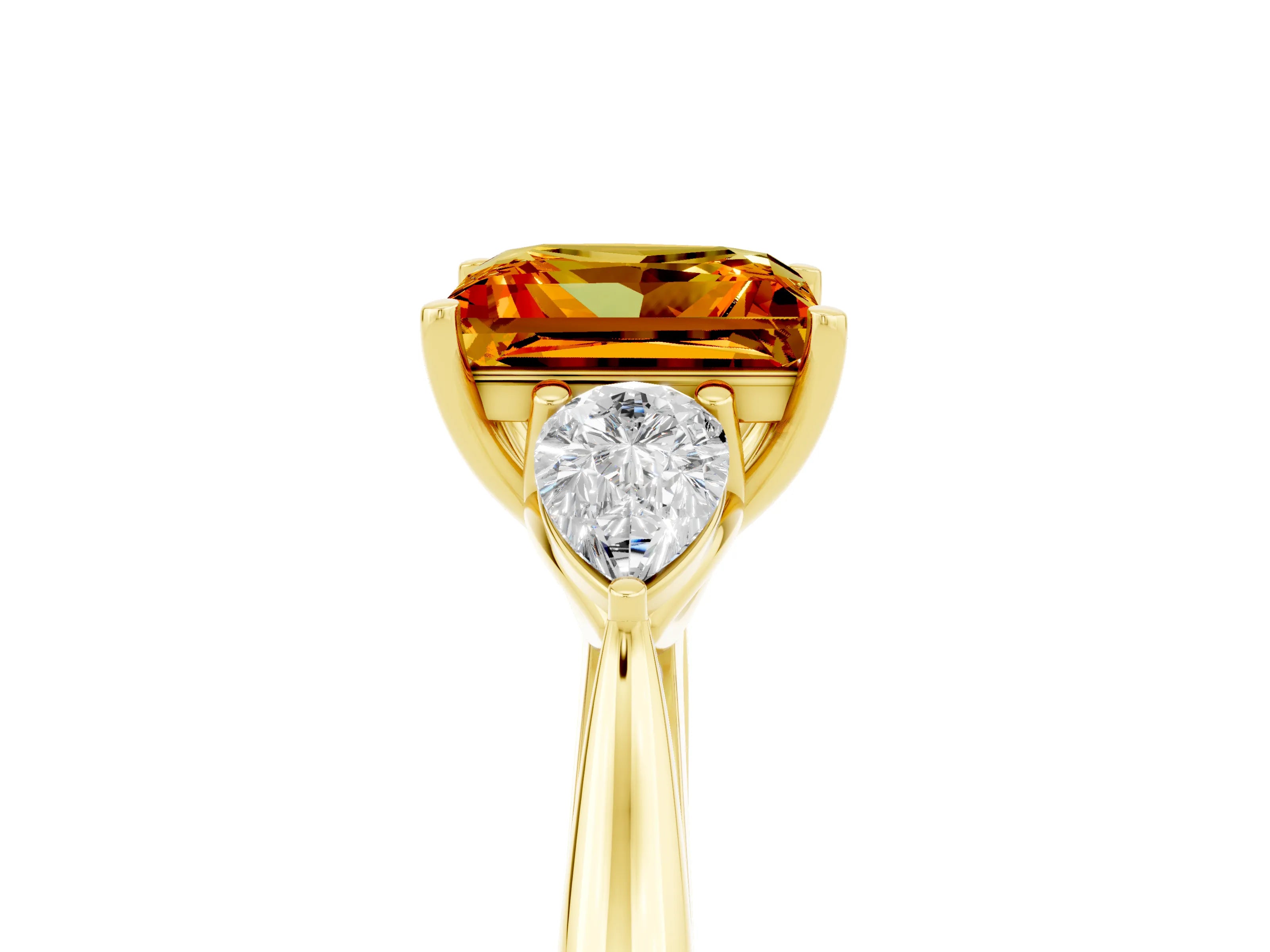 Yellow gold Princess Cut Citrine Three-Stone Ring with Pear Side Stones and Four-Prong Setting_17