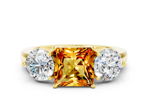 Yellow gold Princess Cut Citrine Three-Stone Ring with Prong Setting and Classic Band