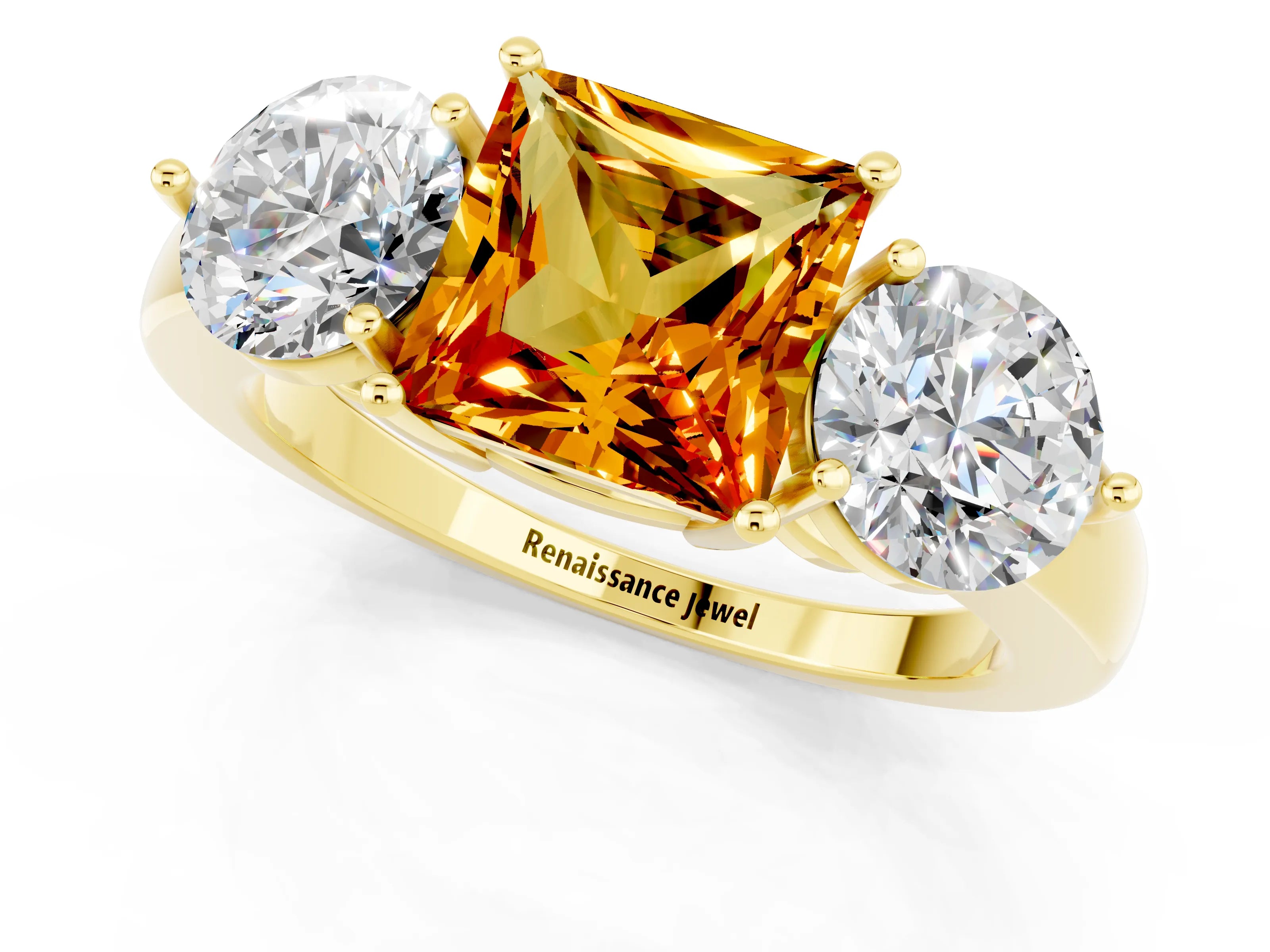 Yellow gold Princess Cut Citrine Three-Stone Ring with Prong Setting and Classic Band_1