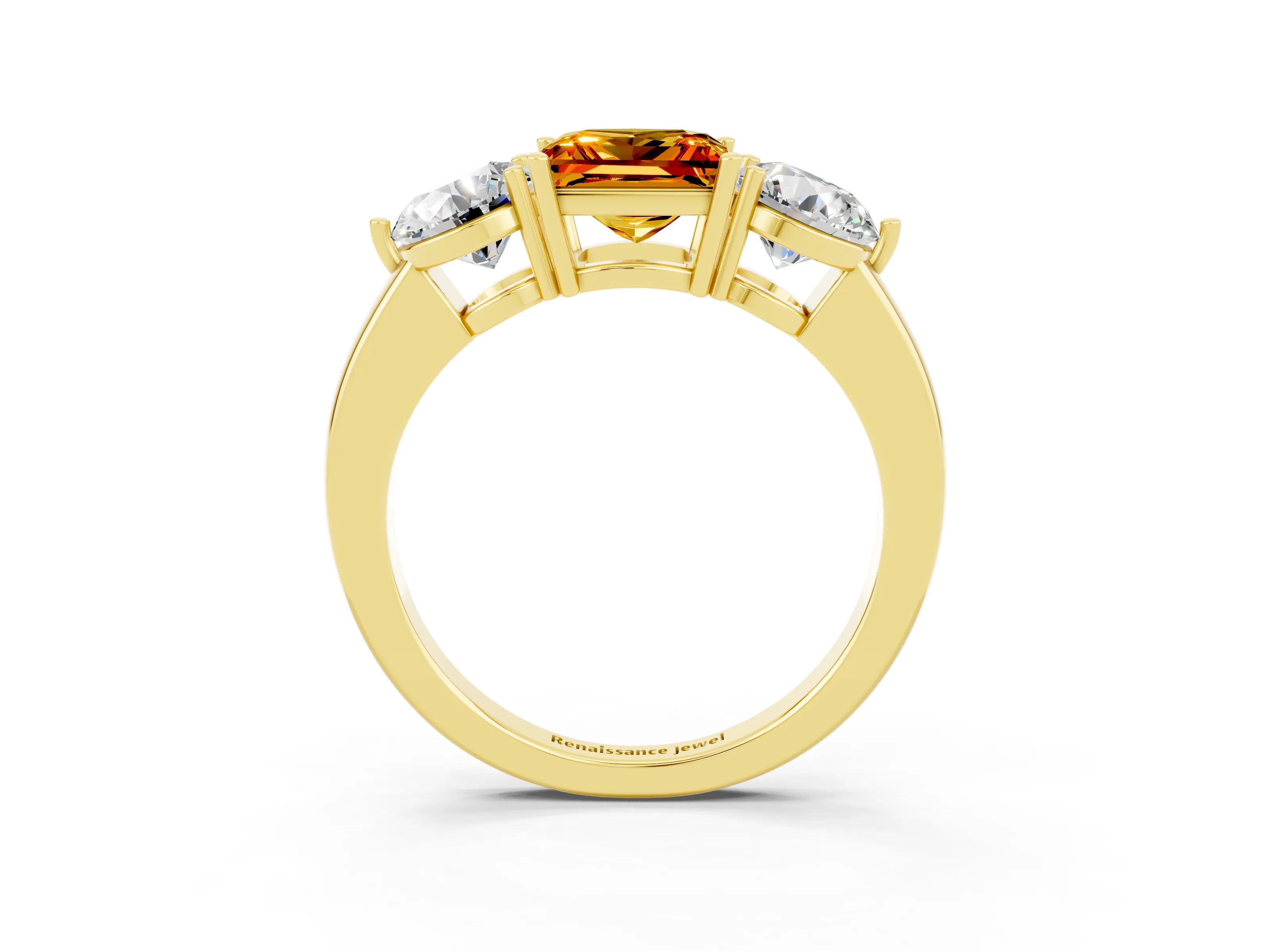 Yellow gold Princess Cut Citrine Three-Stone Ring with Prong Setting and Classic Band_3