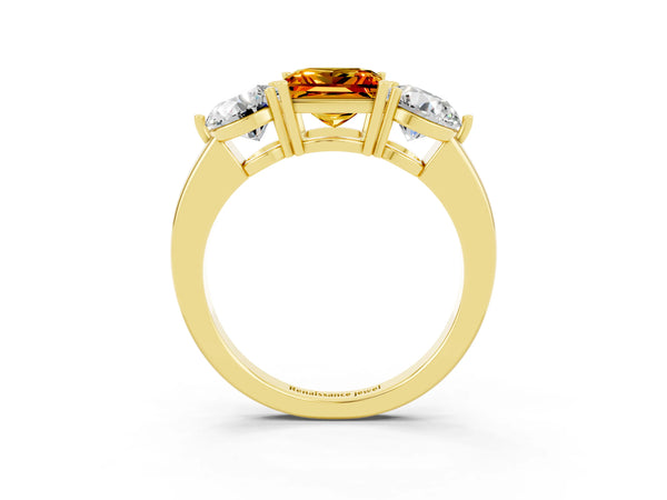 Yellow gold Princess Cut Citrine Three-Stone Ring with Prong Setting and Classic Band