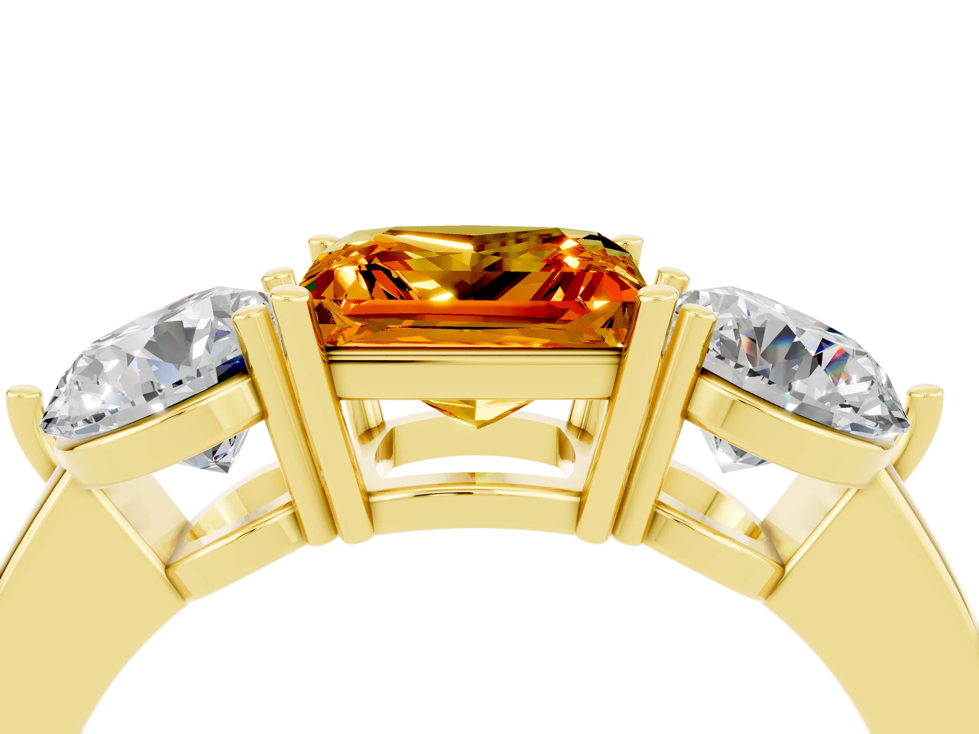 Yellow gold Princess Cut Citrine Three-Stone Ring with Prong Setting and Classic Band_4