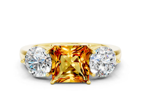 Yellow gold Princess Cut Citrine Three-Stone Ring with Prong Setting and Classic Band