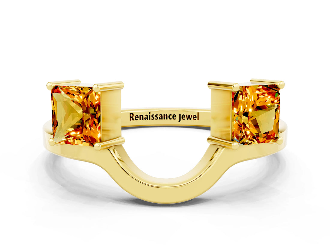 Yellow gold Princess Cut Citrine Two-Stone Open Band Ring with Four-Prong Setting_6