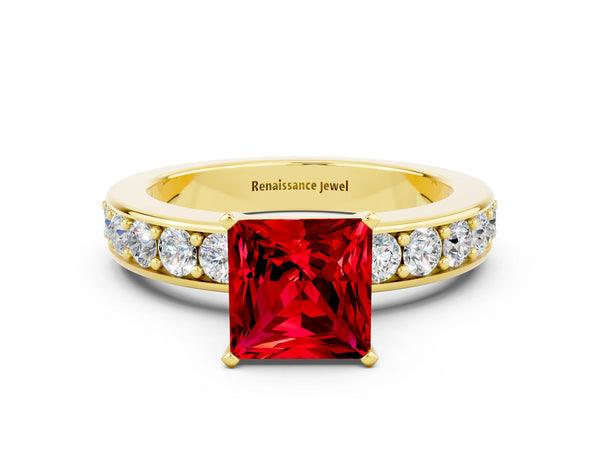 Yellow gold Princess Cut Ruby Engagement Ring with Channel Set Round Band and Prong Setting