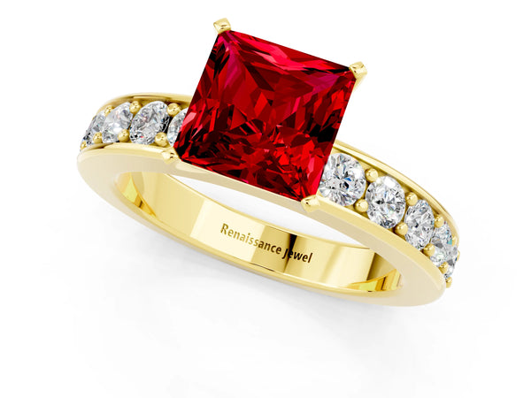 Yellow gold Princess Cut Ruby Engagement Ring with Channel Set Round Band and Prong Setting